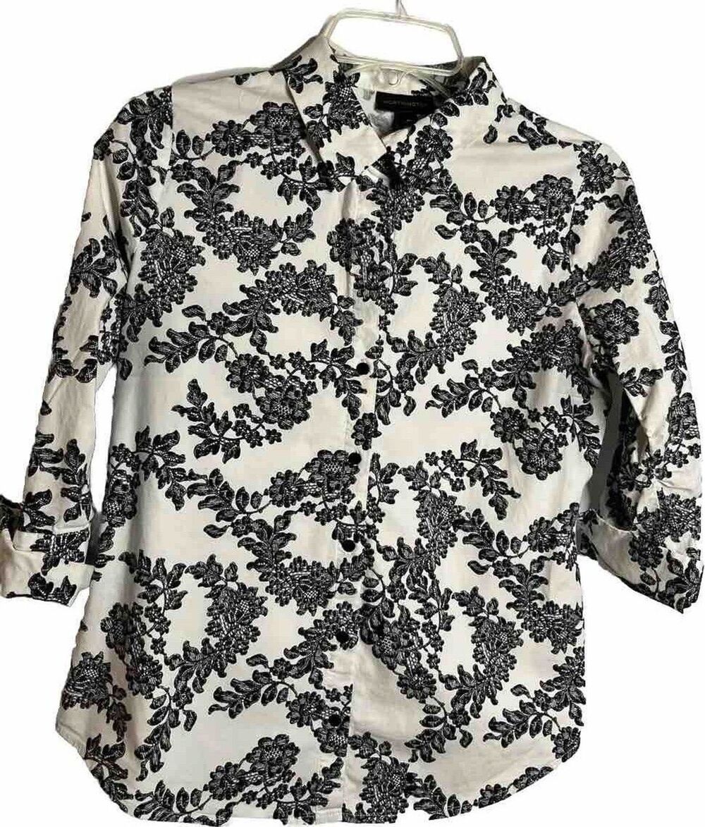Worthington Women’s Black And White Floral Blouse Medium Office Core 3/4 Sleeve
